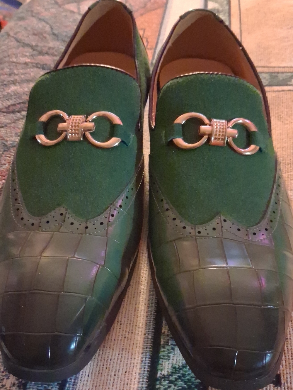 Men's Green Croc-Embossed Loafers with Gold Horsebit